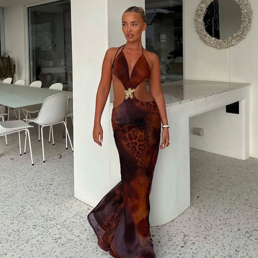 Animal Print Halter Backless Cutout Split Maxi Dress