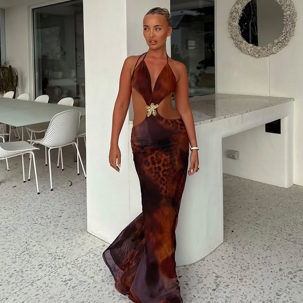 Animal Print Halter Backless Cutout Split Maxi Dress