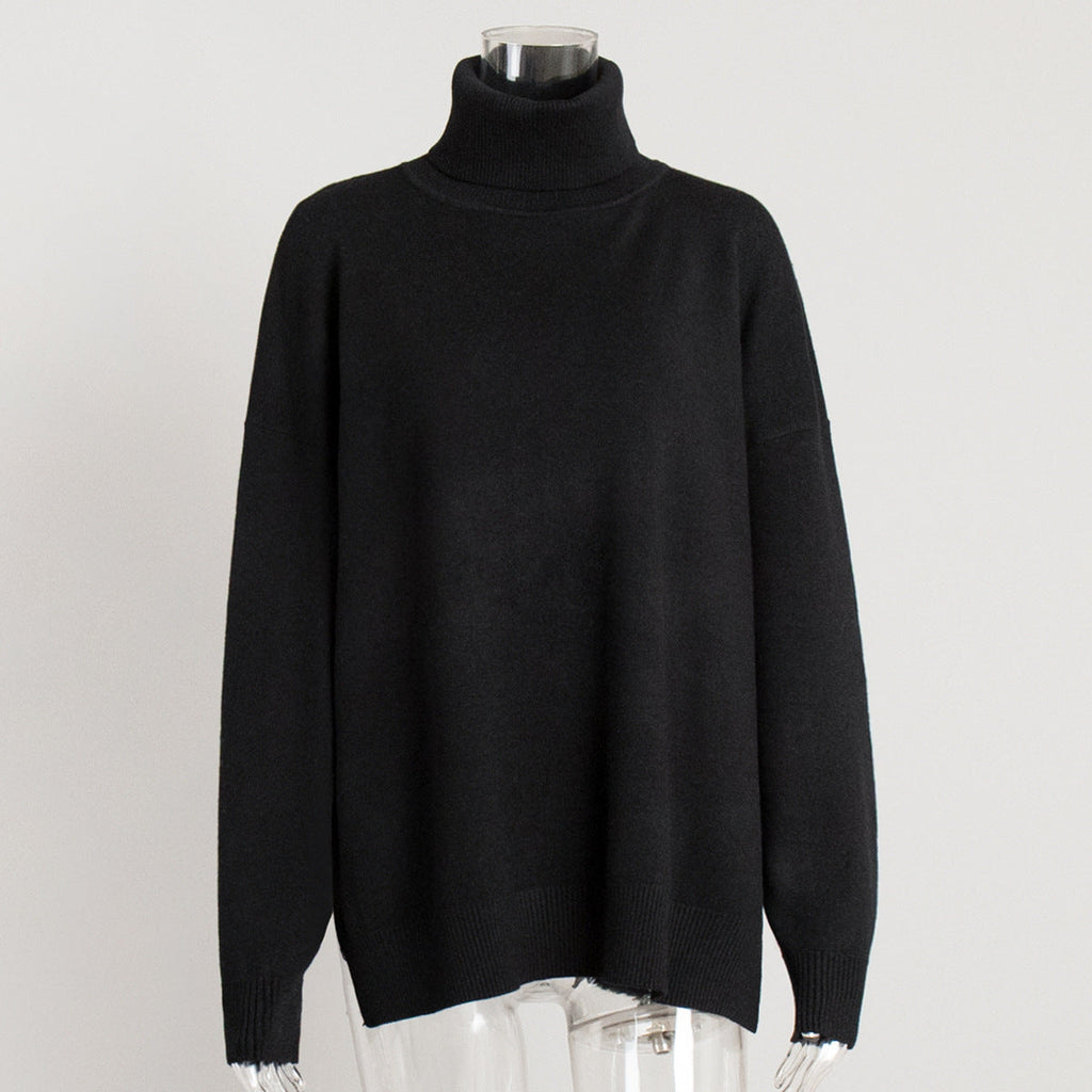 Turtleneck Slit Loose Solid Knit Sweater Bella Mia