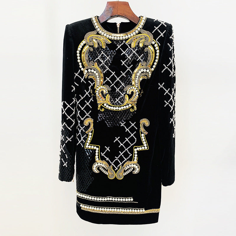 Long-Sleeve Velvet Sequin Bodycon Dress