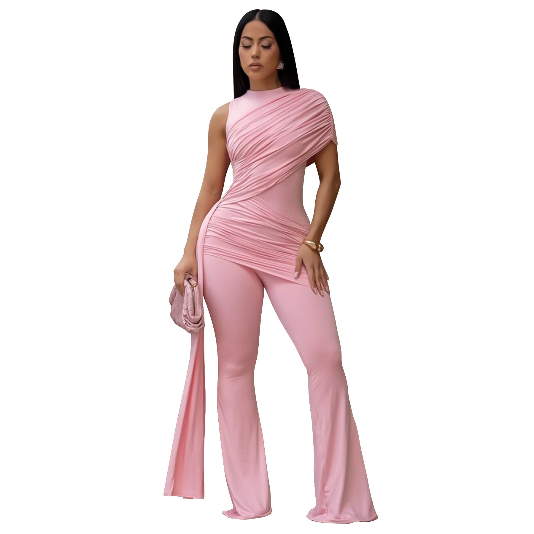 Women Clothing Summer round Neck One Shoulder Pleated Ribbon Sexy Slim Fit Wanita Store