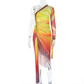 Women Clothing Pleated Color Matching Slit Slim Fitting Asymmetric Diagonal Collar Shoulder Long Sleeve Dress Ragazza