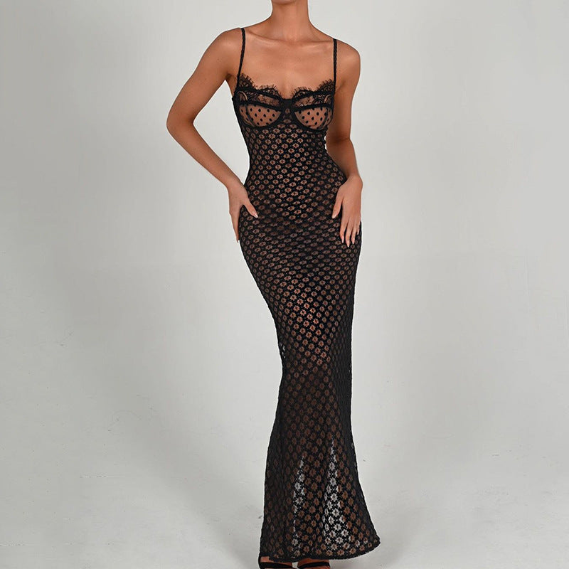 Lace Backless Polka Dot Suspender Split Tight Dress Bella Mia
