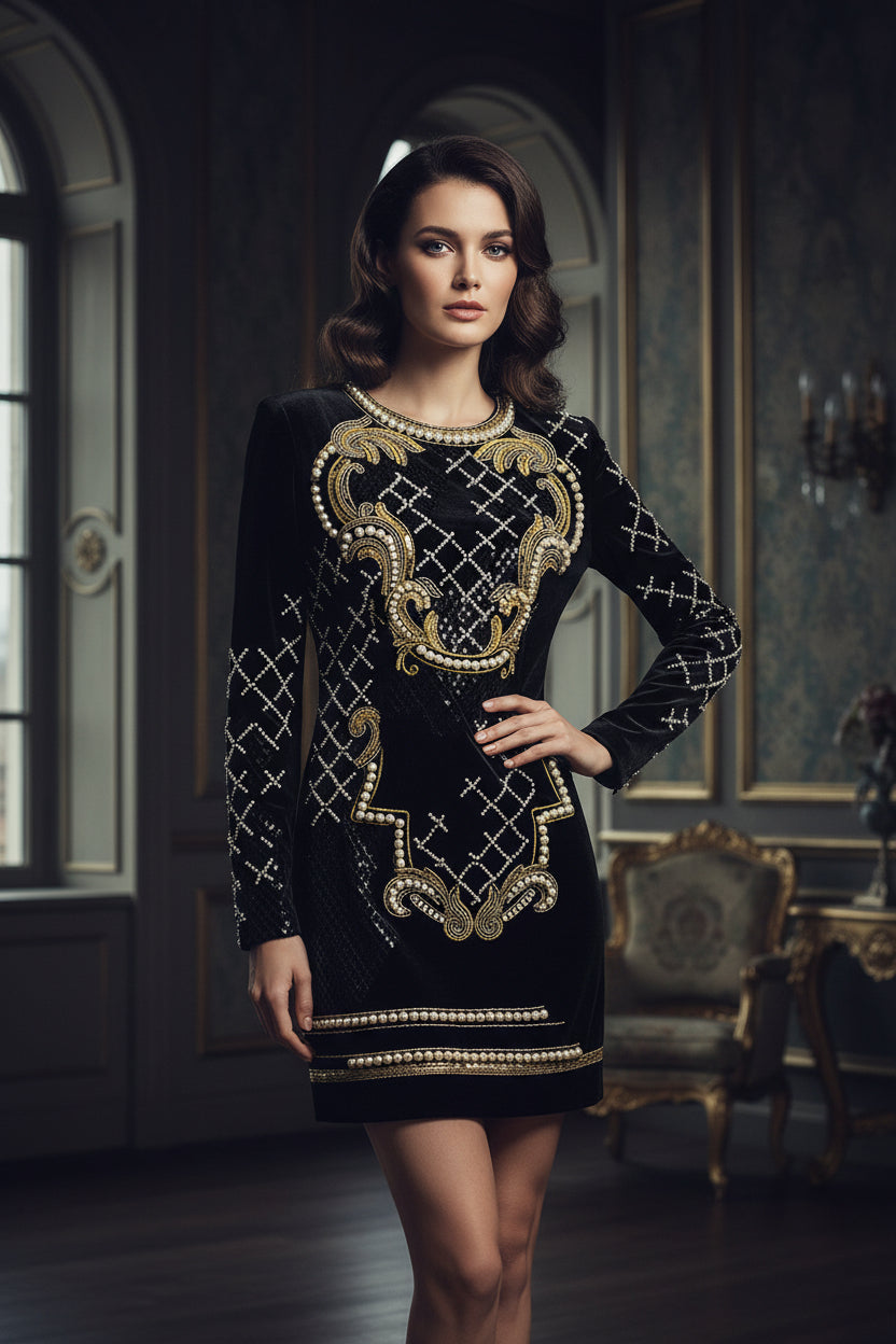 Long-Sleeve Velvet Sequin Bodycon Dress
