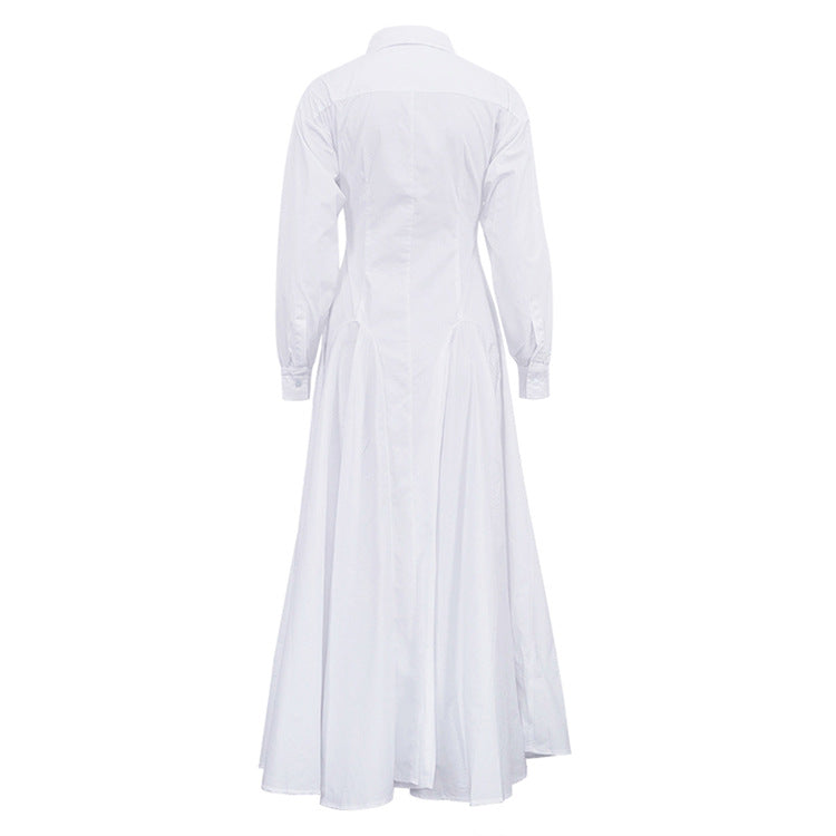 Design Pleated Single Breasted Shirt Dress Autumn Polo Collar Long Sleeve High Waist White Long Dress