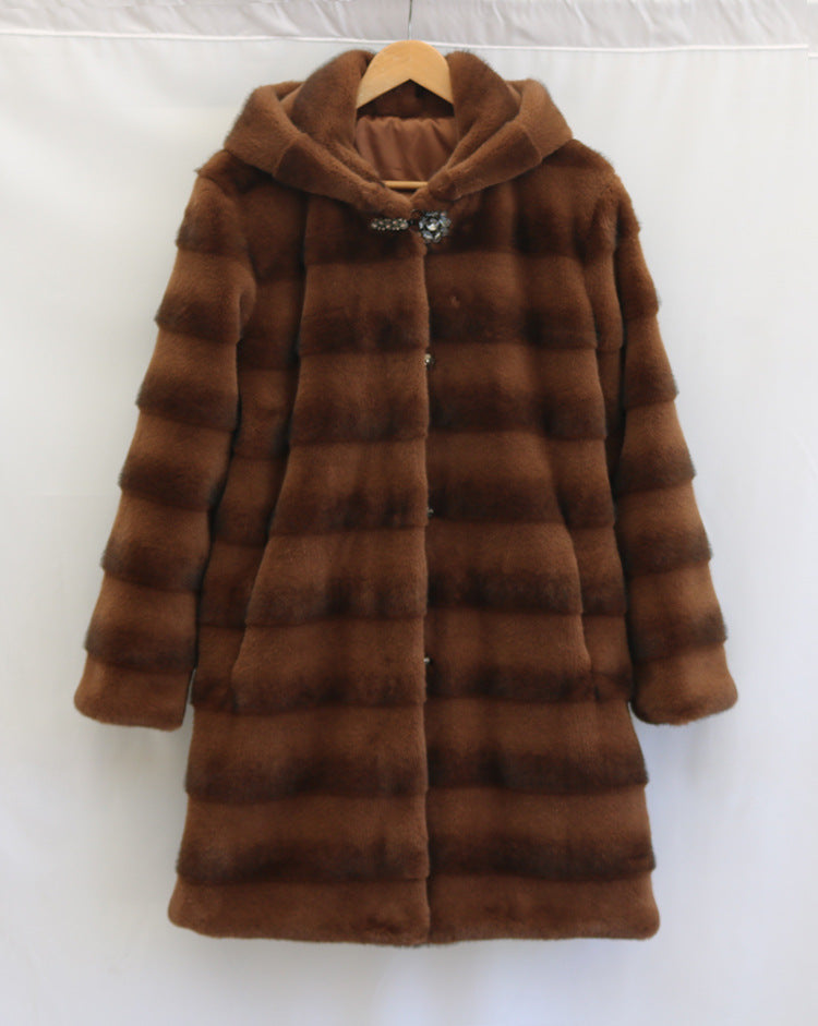 Women Artificial Mink Hair Fur Coat Mid Length Hooded Coat Fur plus Size Casual Warm