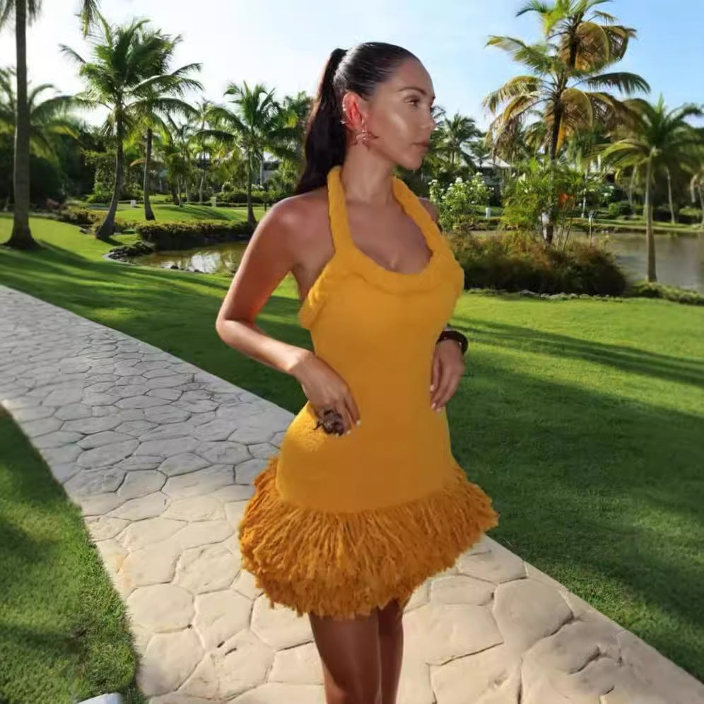 Sunflower Halter Fringe Tie Bodycon Mini Dress