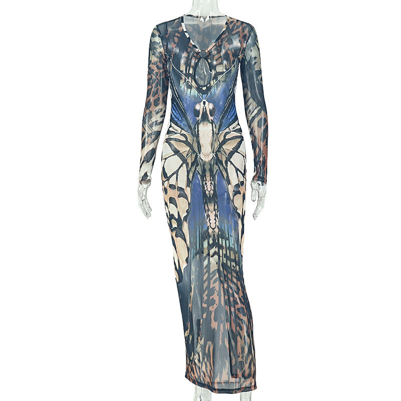 Color Matching Women Street Sheath One Step Dress V neck Long Sleeve Metal Ring Waist Dress Wanita Store