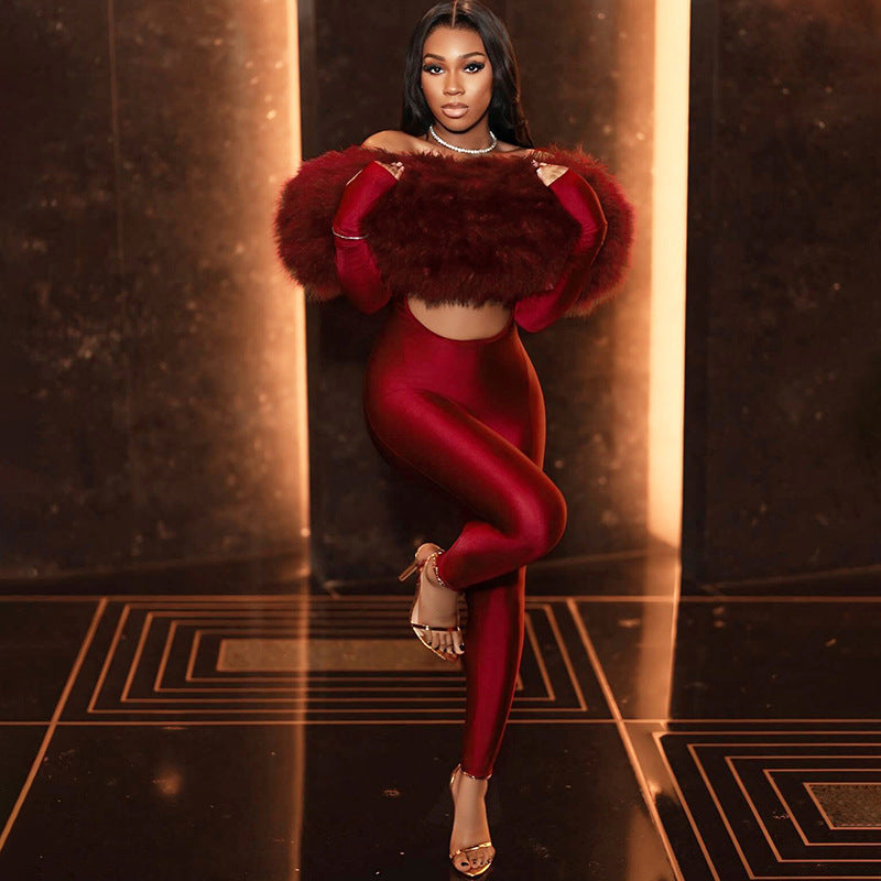 Off-Shoulder Furry Trim Long Sleeve Cropped Jumpsuit Bella Mia