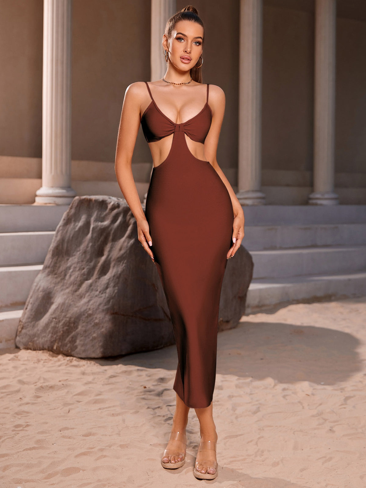 Ruched Cutout Backless Bandage Midi Dress