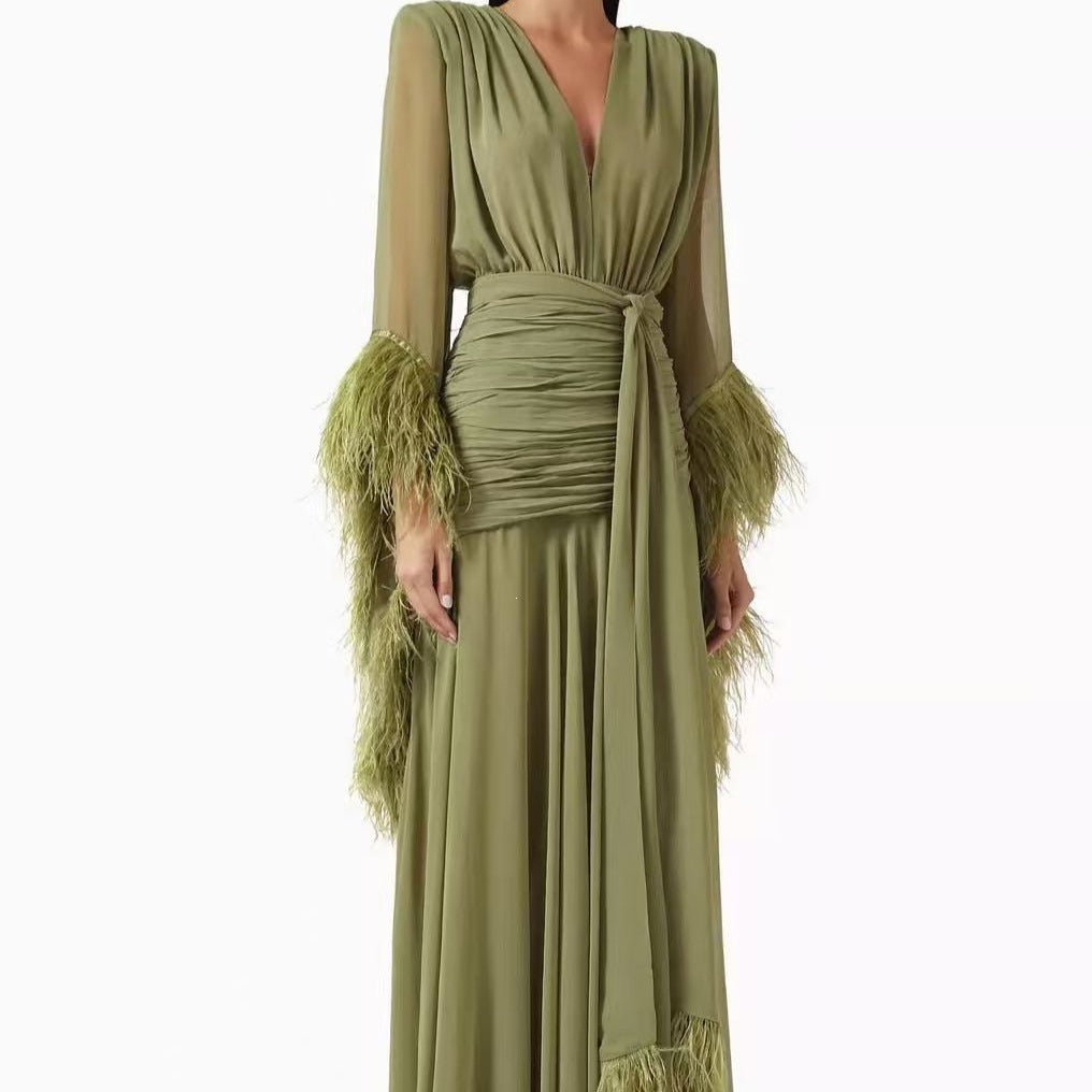 Spring Solid Color Evening Dress Long Sleeve Slim Dress