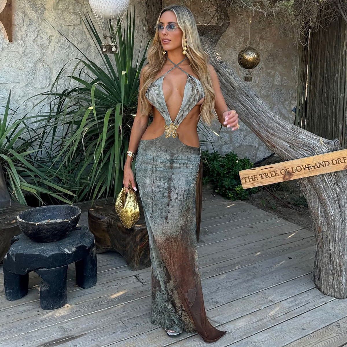Animal Print Halter Backless Cutout Split Maxi Dress