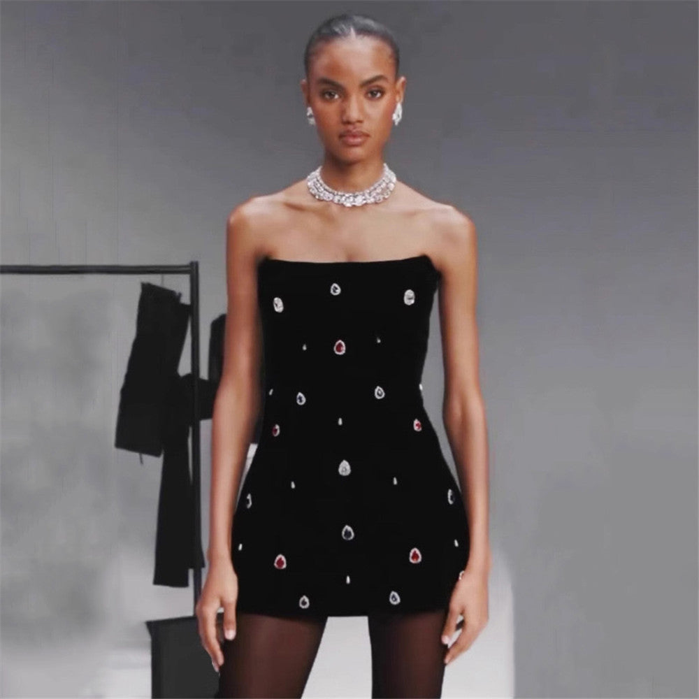 Black Rhinestone Strapless Bandage Bodycon Mini Dress