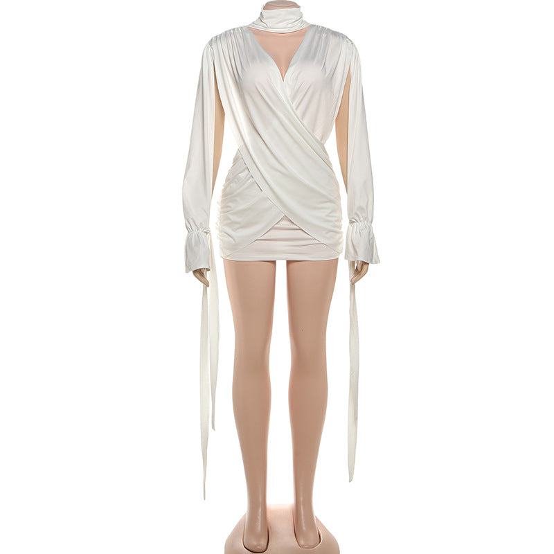 Autumn Winter Women Solid Color Sexy Hollow Out Cutout Long Sleeved Deep V Plunge neck Cross Stitching Hip Dress