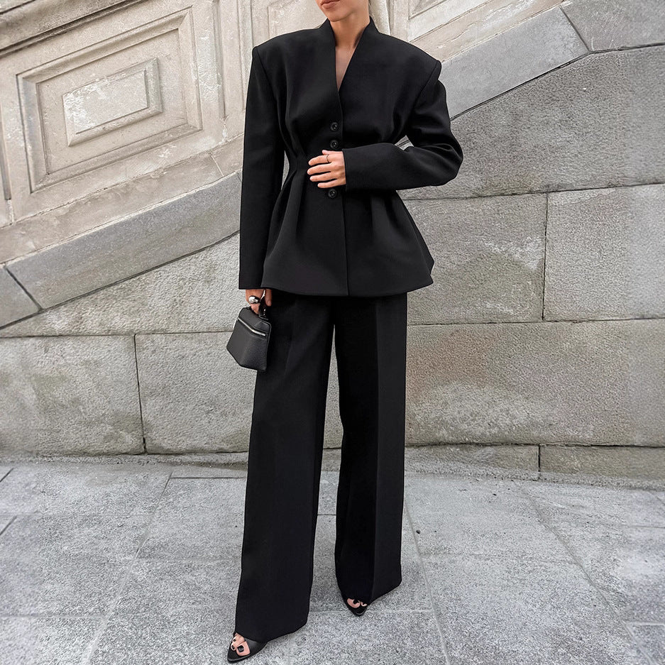 Women Clothing Fall Black High Grade Long Sleeved V neck Pleated Waist Tight Blazer Trousers Two Piece Set Wanita Store