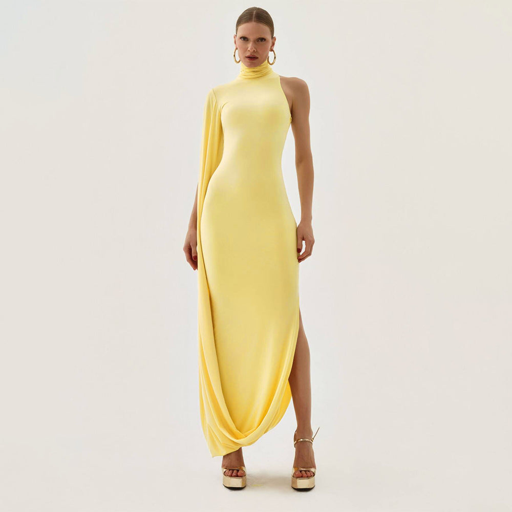 High Grade Wear Women Clothing Solid Color Half Collar off the Shoulder Waist Sexy Split Dress Ragazza