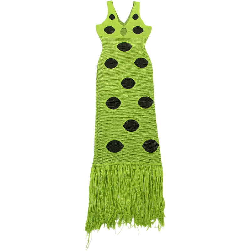 Autumn Sexy Hip Knitwear Dress Black Polka Dot Dress Swing Tassel Dress