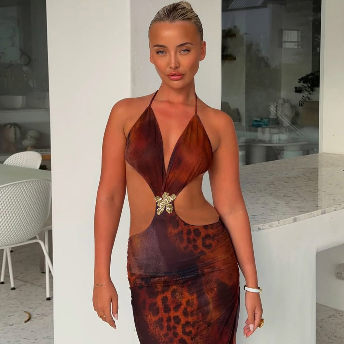 Animal Print Halter Backless Cutout Split Maxi Dress