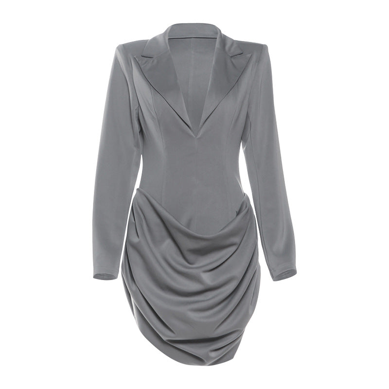Women Clothing Autumn Winter Solid Color Slim Deep V Plunge neck Waist Controlled Slimming Blazers Dress