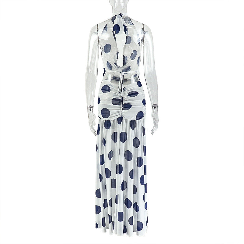 White Polka-Dot Mock-Neck Backless Maxi Dress