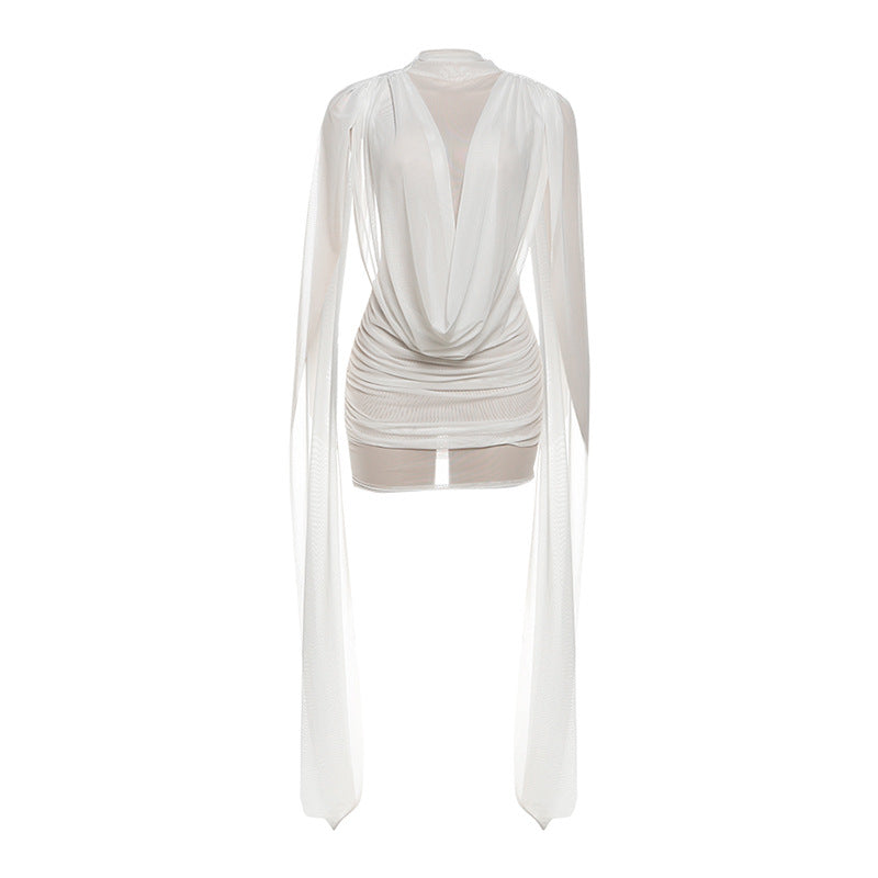 Autumn Winter Women Half Turtleneck Double Layer Stitching Mesh Ribbon Hip Wrapped Sexy Dress Ragazza