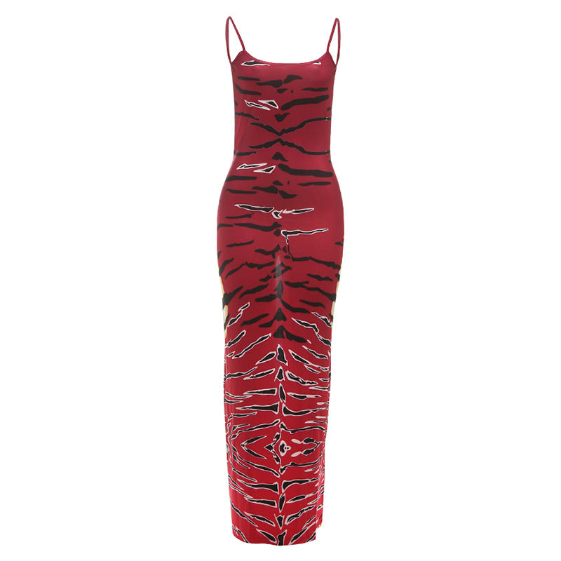 Fall Women Clothing Printed Sexy Backless Spaghetti Straps Sheath Split Dress Ragazza
