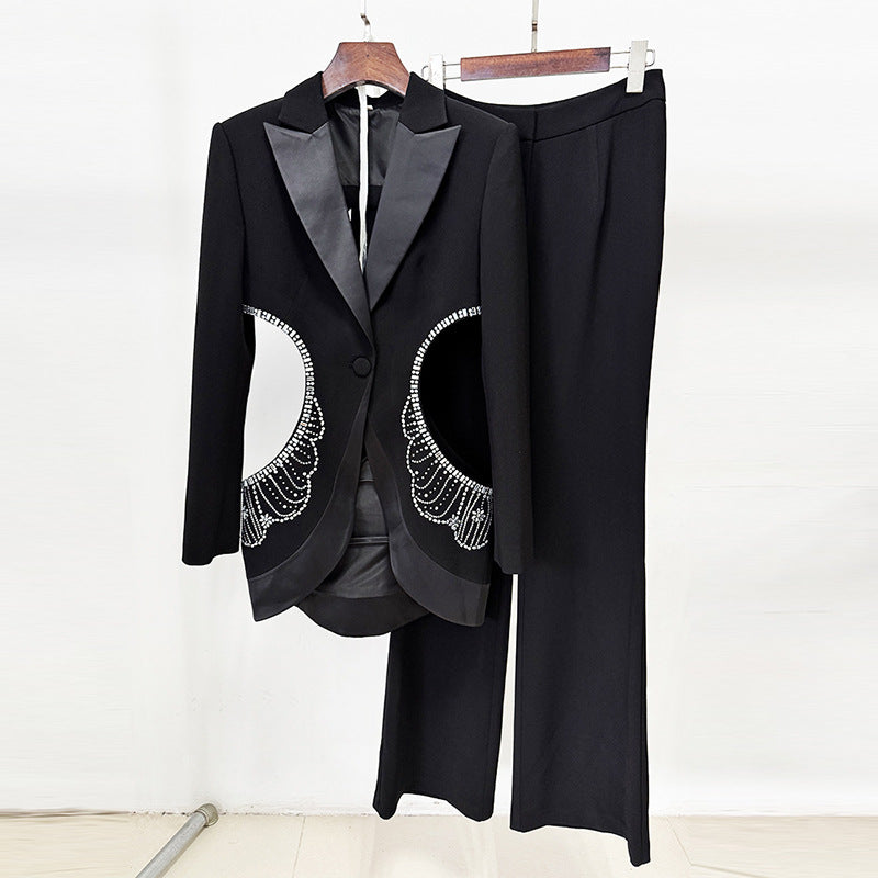 Summer Star Personality Hollow Out Cutout out Rhinestone Blazer Trousers Two Piece Sets Wanita Store