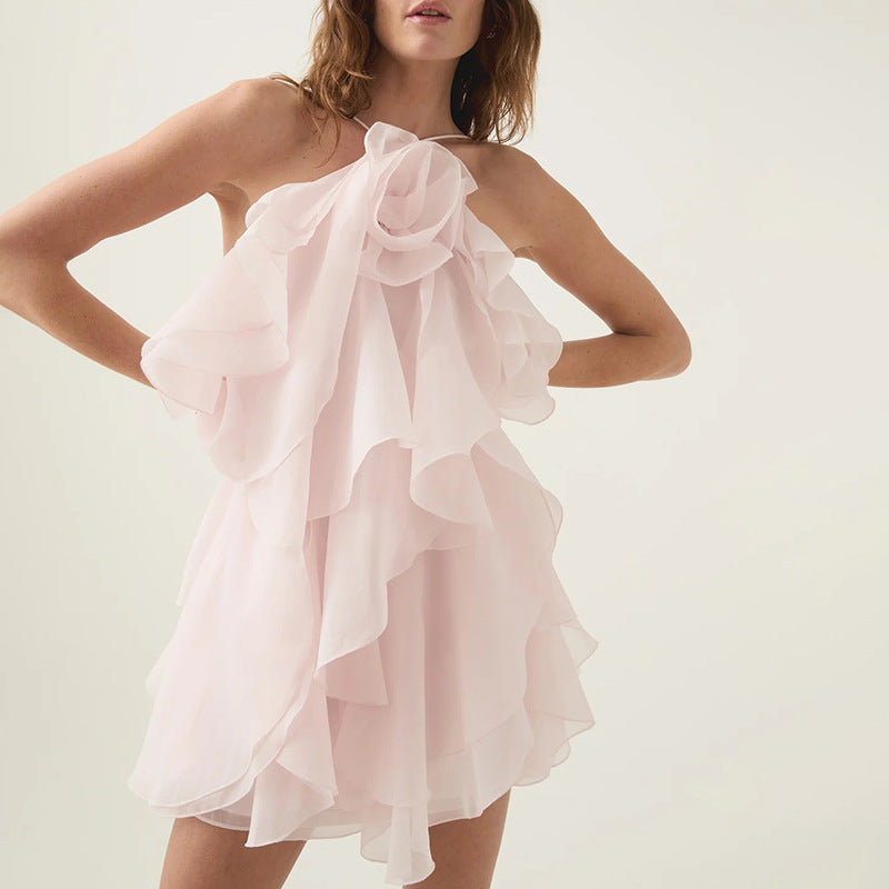 3D Floral Halter Backless Tie A-Line Mini Dress