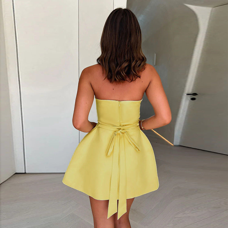 Strapless Ruched Tie-Waist A-Line Mini Dress
