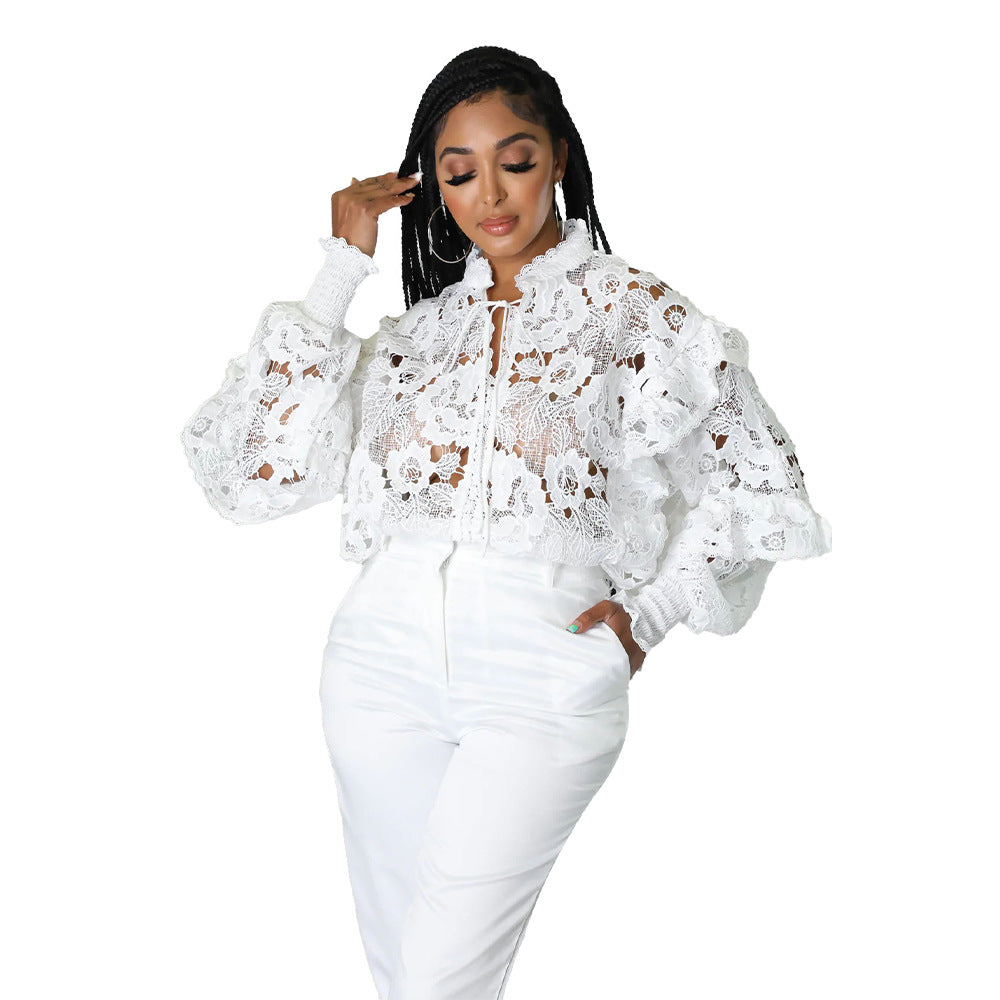 Hollow-Out Flounce Trim Lace-Up Lantern Sleeve Cardigan Bella Mia
