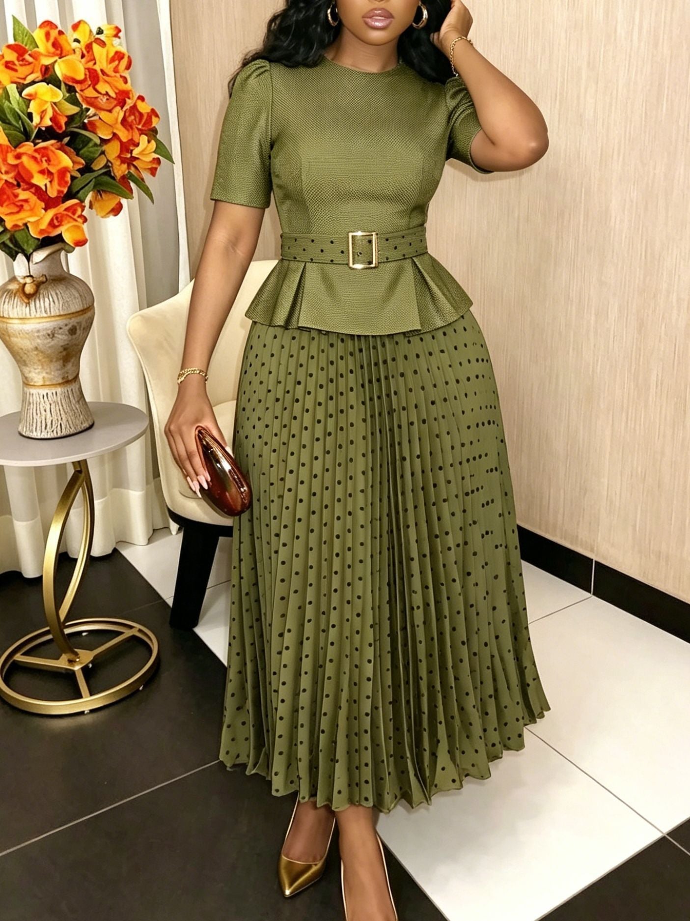 Fruit Green Polka Dot Skirt Set Belt Slim Fit Waist Controlled Top Pleated A Swing Skirt Office Two Piece Set Bella Mia