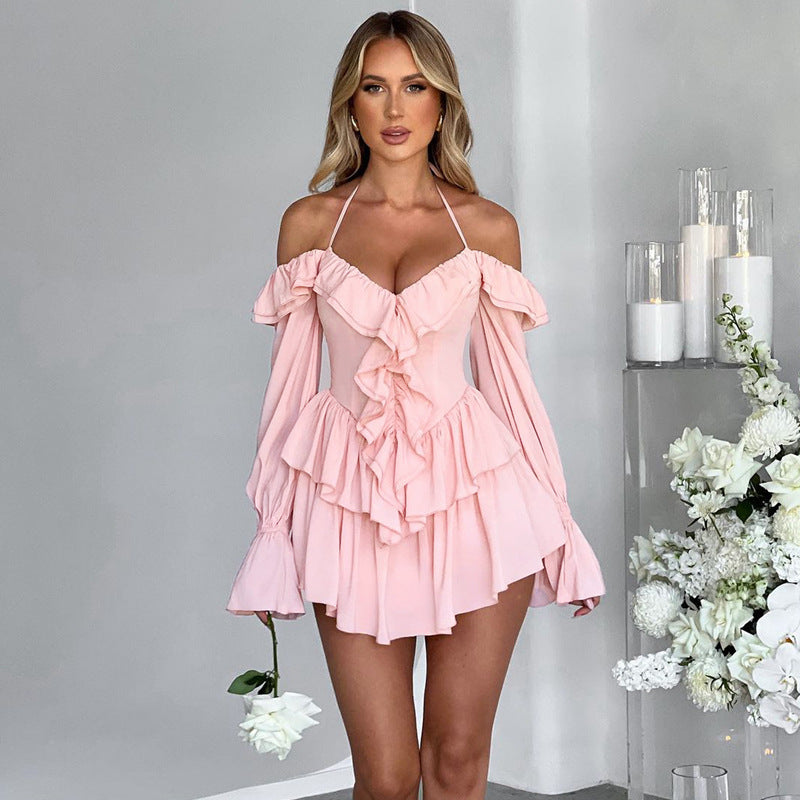 Halter Backless Ruffle Trumpet Sleeve Mini Dress