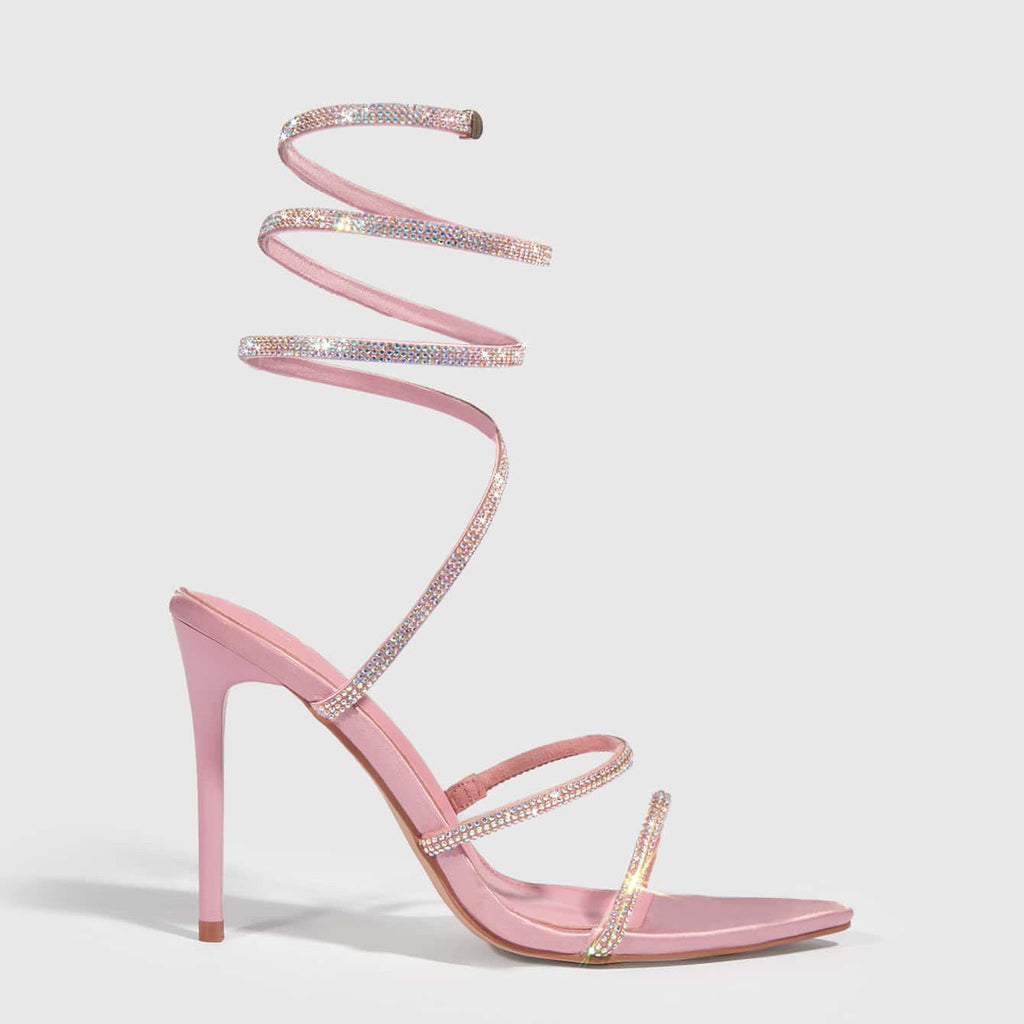 Metal Toe Rhinestone Lace-Up 11cm Pointed Stiletto Sandals