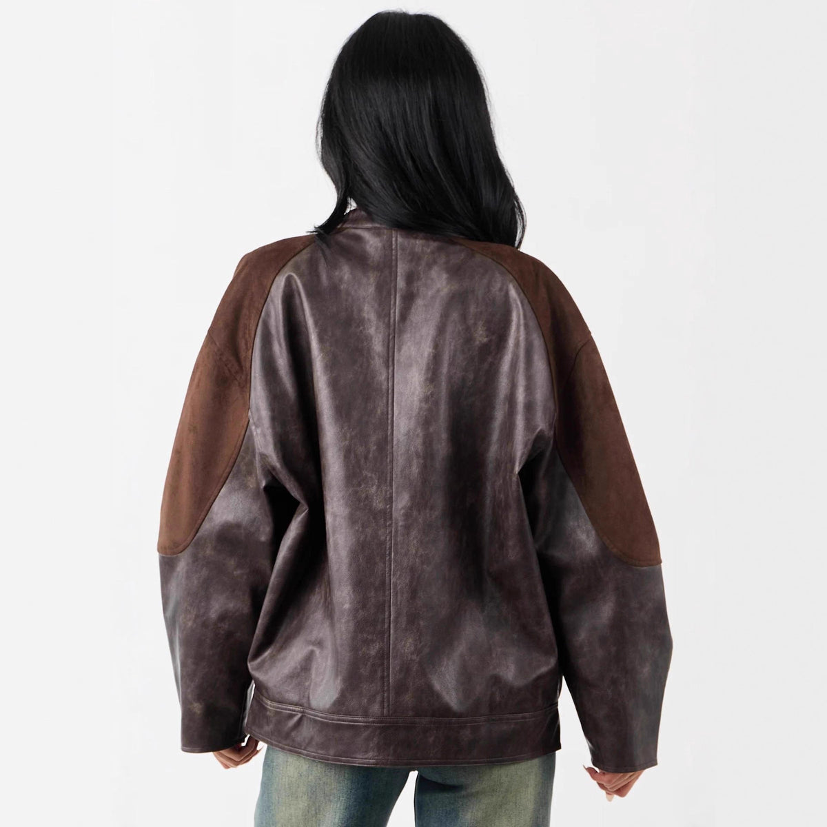 Vintage Faux Leather Stitching Contrast Color Coat Sexy Rope Design Hip Skirt Sets Wanita Store