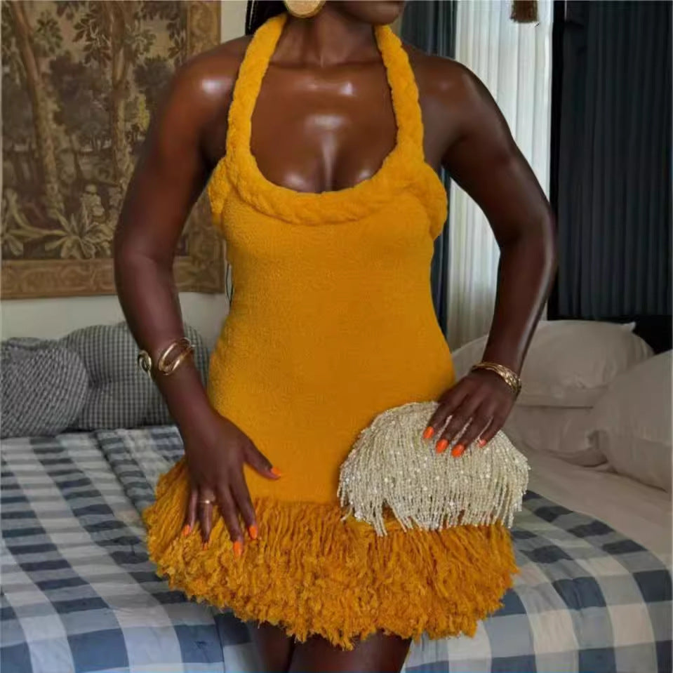 Sunflower Halter Fringe Tie Bodycon Mini Dress