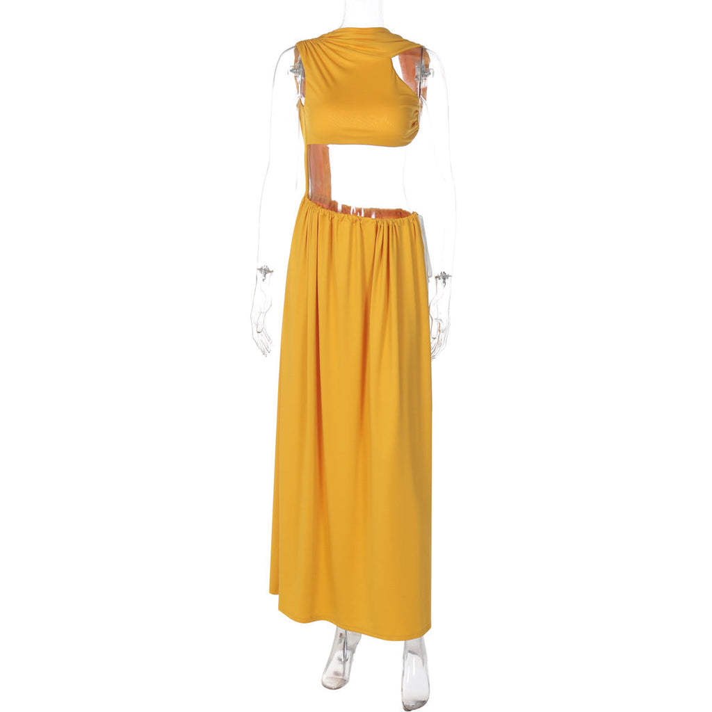 Fall Solid Color Hollow Out Cutout out Vest Stitching Cropped Side Tied Maxi Dress for Women