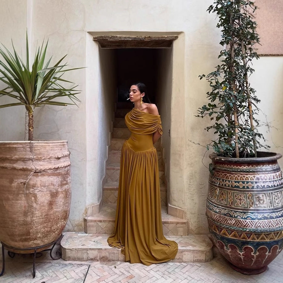 Spring Summer Light Luxury off Shoulder Waist Slimming A line Elegant High Grade Dress Bella Mia