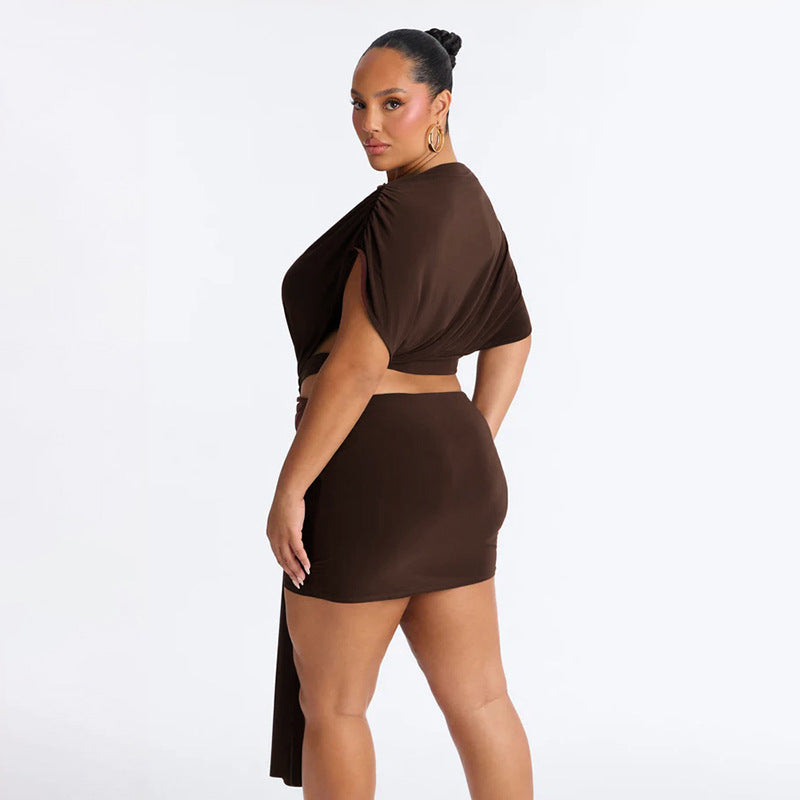 Women Clothing Summer Solid Color Casual Slim Pleated Short Sleeves Hollow Out Cutout Ribbon Short Dress