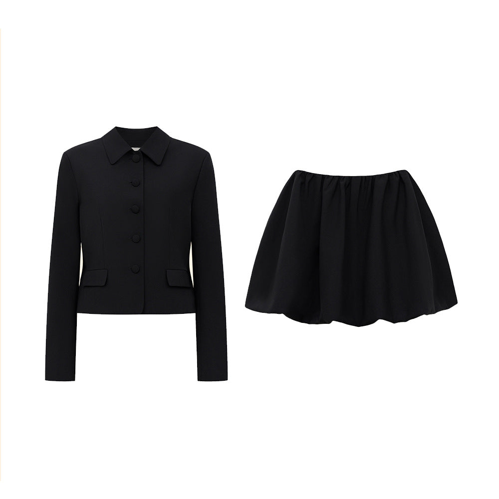 Collared Button Pocket Long Sleeve Top & High-Rise Mini Skirt Set