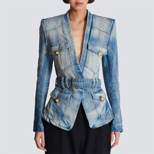 Belted Washed Denim Jacket Wanita Store