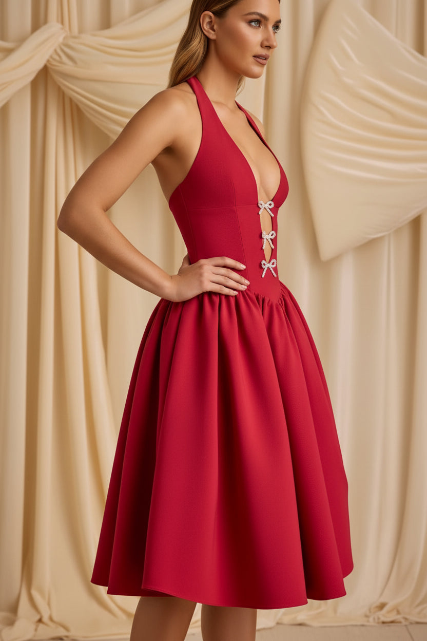 Halter Bow Deep V Backless Ruched Tulle A-Line Dress