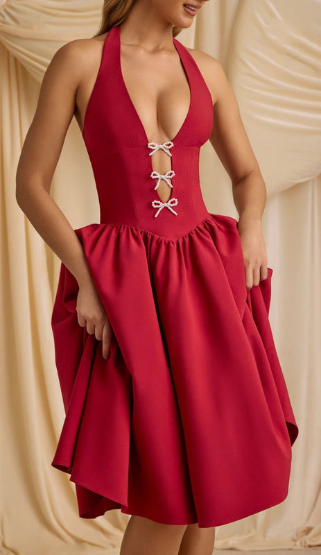 Halter Bow Deep V Backless Ruched Tulle A-Line Dress
