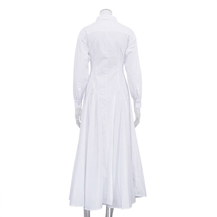 Design Pleated Single Breasted Shirt Dress Autumn Polo Collar Long Sleeve High Waist White Long Dress