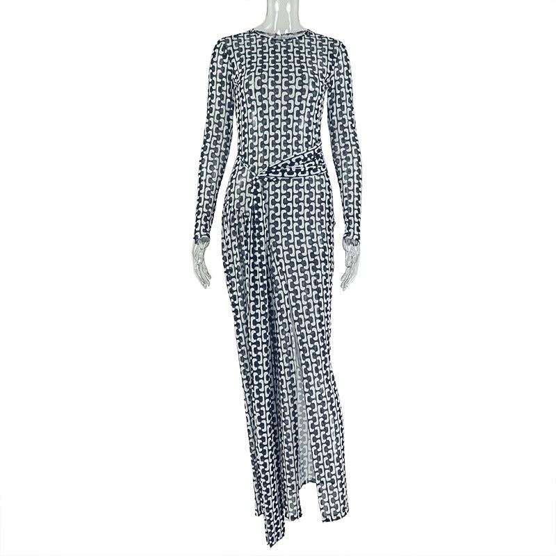 Women Split Slightly Transparent Waist Hip Dress Printed Turtleneck Long Sleeve Dress Ragazza