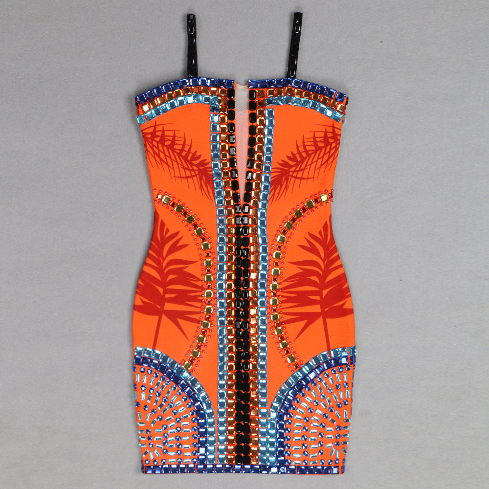 Star Sexy Heavy Industry Beads Printed Mesh V neck Strap Tube Top Backless Bandage One Piece Dress