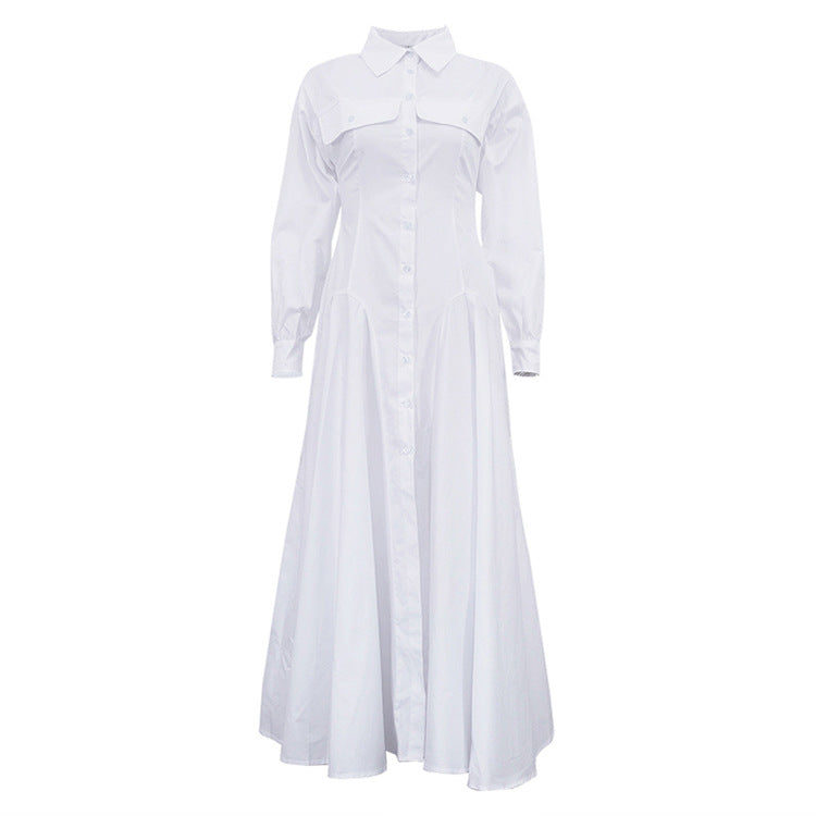Design Pleated Single Breasted Shirt Dress Autumn Polo Collar Long Sleeve High Waist White Long Dress