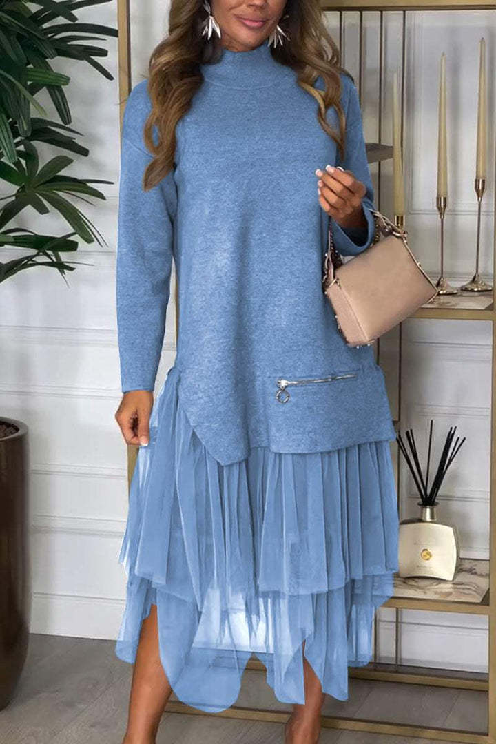 Autumn Winter Women Casual Mesh Stitching Dress Ragazza