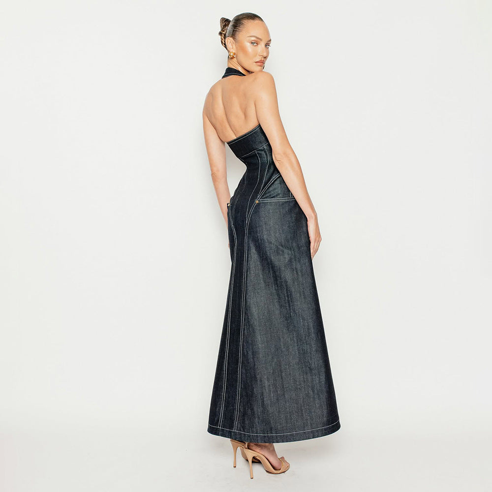 Denim Halter Sleeveless Backless Slim Sheath Dress Bella Mia