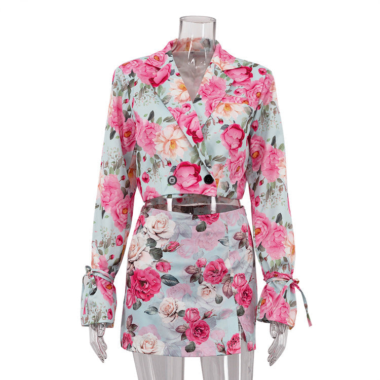 Digital Print Collared Long Sleeve Top & High Waist Short Skirt Set Bella Mia