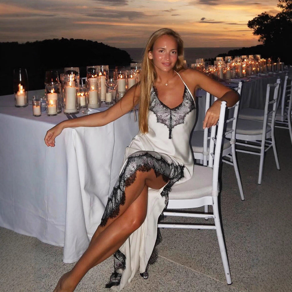 Lace Spaghetti Strap Maxi Dress Summer Artificial Silk Sexy Slit Stitching Lace Dress Women Ragazza